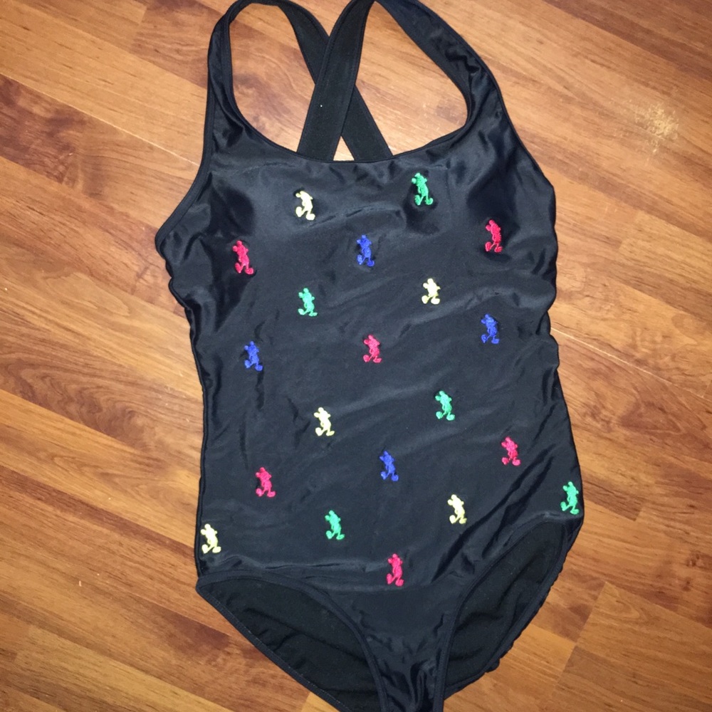 Black Embroidered Mickey Mouse Swimsuit